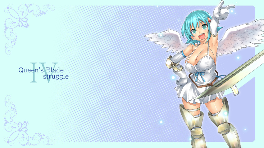 :d angel_wings aqua_eyes aqua_hair armor armpits astroguy2 asymmetrical_wings belt blush breasts cleavage dress elbow_gloves gloves greaves hair_ornament hairclip hand_on_hip highres hips large_breasts looking_at_viewer nanael open_mouth queen's_blade queen's_blade short_hair single_elbow_glove single_glove smile solo sword thigh-highs thigh_strap thighhighs weapon white_dress white_gloves white_legwear wings
