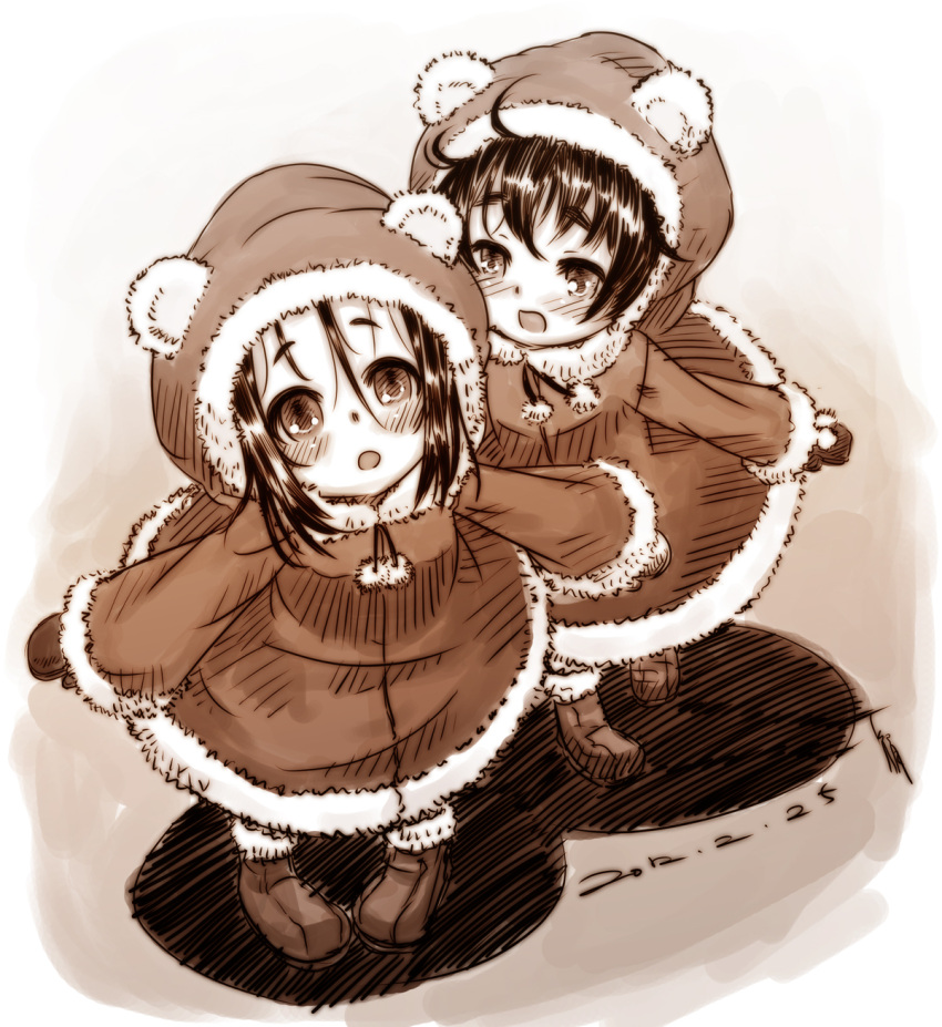 black_hair blush boots child gloves highres hoodie looking_up monochrome multiple_girls open_mouth original ryou_(shirotsumesou) smile young