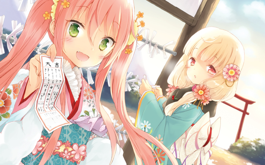 1920x1200 :d blonde_hair blush cafe_sourire character_request cuteg fang flower frills green_eyes hair_flower hair_ornament highres japanese_clothes kimono long_hair looking_at_viewer mizushima_serika multiple_girls obi ogiwara_kyouko omikuji open_mouth pink_hair red_eyes smile source_request torii twintails wallpaper