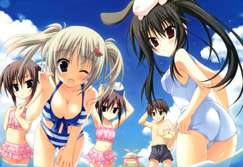 4girls :d absurdres adjusting_swimsuit ass bare_shoulders bikini black_hair blue_eyes blush breasts brown_hair character_request cleavage cloud creature front-tie_top grey_hair hair_ornament hair_ribbon hat highres innertube lens_flare long_hair looking_at_viewer looking_back moribe_(rabumanyo) moritsuka_ichino multiple_girls navel object_on_head one-piece_swimsuit open_mouth ore_to_ichino_no_game_doukoukai_katsudou_nisshi print_bikini ribbon sawamura_kirika school_swimsuit shirosaki_ririsu shirosaki_souji short_hair shorts siblings sky smile star star_print striped striped_bikini striped_swimsuit sun_hat swimsuit swimsuit tankini twins twintails wading water wink