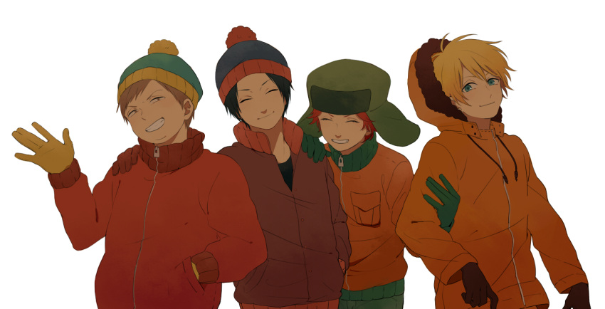 beanie black_hair blonde_hair blue_eyes brown_eyes brown_hair eric_cartman gloves grin hat highres hood jacket kenny_mccormick kyle_broflovski red_hair redhead smile south_park stan_marsh