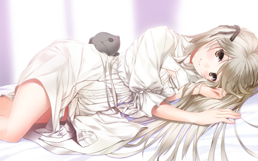 1920x1200 brown_eyes dress grey_hair hair_ribbon highres kasugano_sakura kasugano_sora long_hair looking_at_viewer lying matsugawa on_side ribbon smile solo stuffed_animal stuffed_bunny stuffed_toy wallpaper white_dress yosuga_no_sora