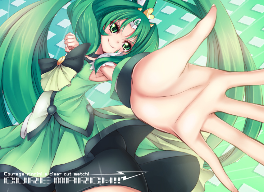argyle argyle_background armpits bike_shorts character_name circlet cure_march dress dutch_angle fukai_ryousuke green_background green_dress green_eyes green_hair long_hair magical_girl midorikawa_nao outstretched_hand ponytail precure shorts_under_skirt skirt smile smile_precure! solo tri_tails