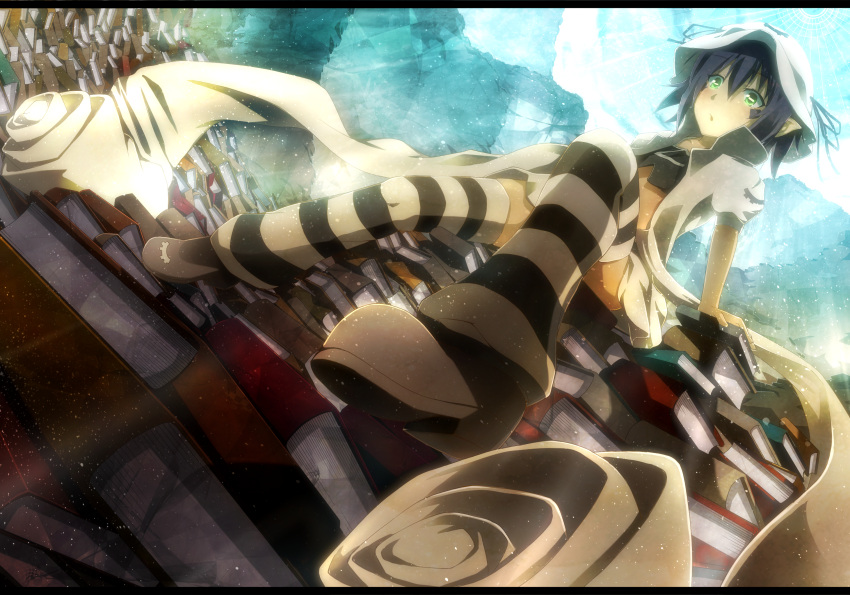 absurdres black_hair book_stack dennryuurai dutch_angle facial_mark green_eyes hat highres letterboxed merry_nightmare midriff open_mouth pointy_ears ribbon shoes short_hair sitting skirt solo striped striped_legwear thigh-highs thighhighs yumekui_merry