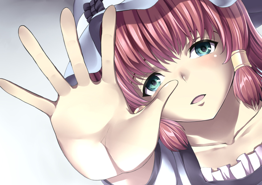 character_request cosplay dairiseki green_eyes hair_tubes hands hat open_mouth outstretched_hand quiz_magic_academy ruquia shiina_mayuri shiina_mayuri_(cosplay) solo steins;gate