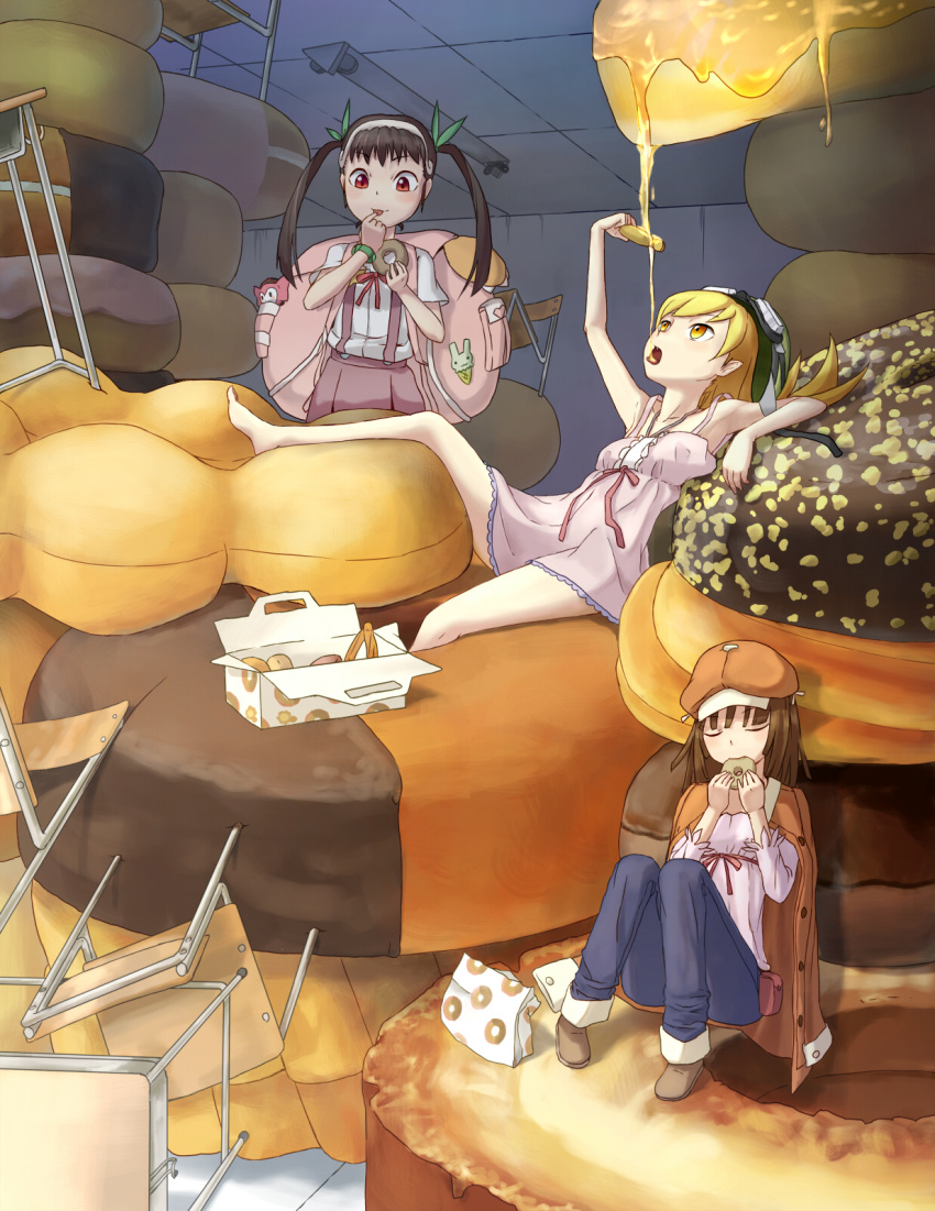 backpack bag bakemonogatari barefoot blonde_hair chair charlotte_(madoka_magica) creator_connection doughnut dress dripping eating goggles goggles_on_head hachikuji_mayoi highres mahou_shoujo_madoka_magica monogatari_(series) multiple_girls oshino_shinobu randoseru red_eyes school_uniform sengoku_nadeko twintails yellow_eyes