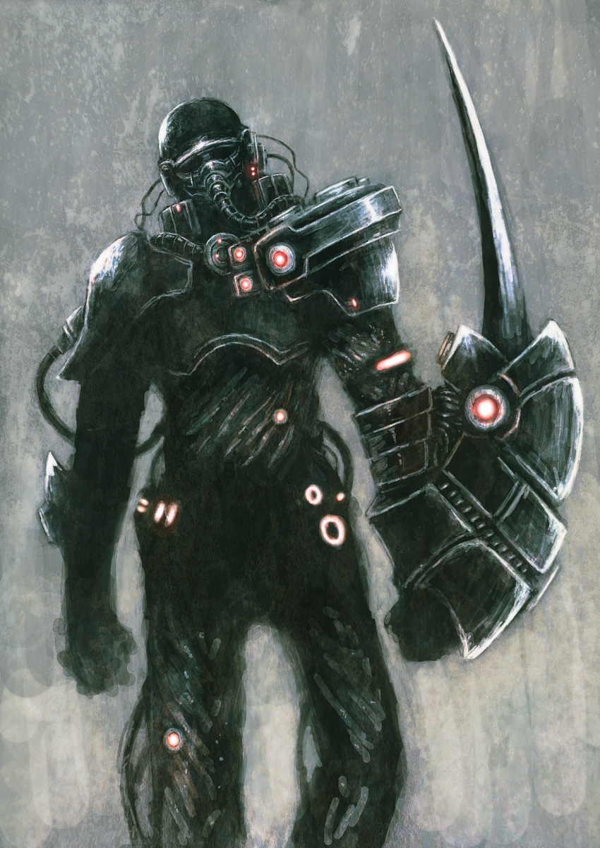 armor blackball copyright_request cyborg gas_mask grey_background helmet highres weapon