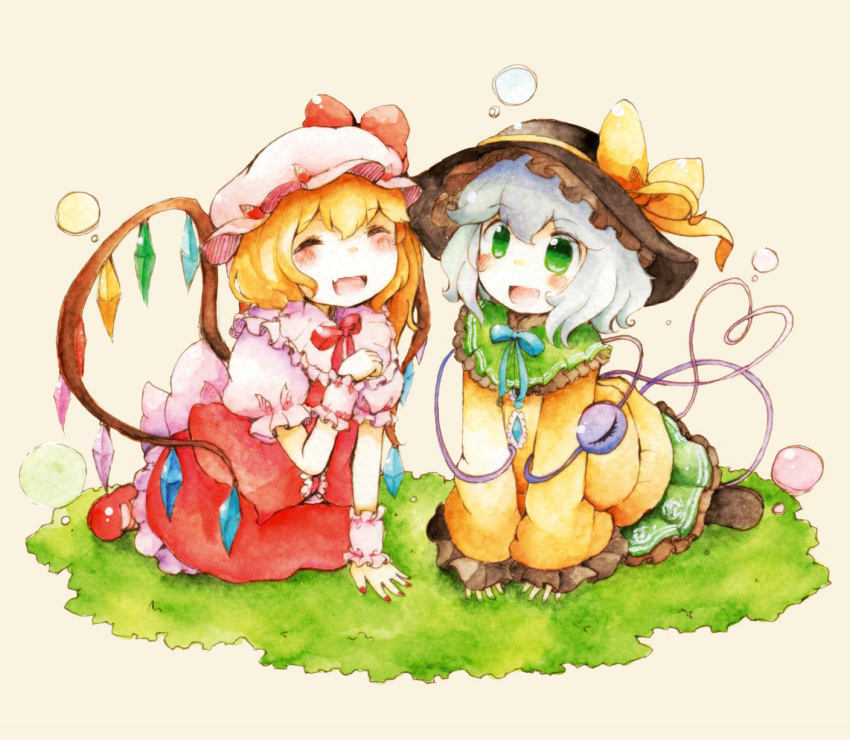2girls all_fours blonde_hair blouse blush_stickers bubble closed_eyes colored_pencil_(medium) fang fingernails flandre_scarlet frilled_hat frilled_skirt frills grass green_eyes hand_on_own_chest hat hat_ribbon heart heart_of_string highres kneeling komeiji_koishi looking_at_viewer mary_janes mob_cap multiple_girls nail_polish open_mouth outdoors pink_background puffy_short_sleeves puffy_sleeves ribbon shiro_tsugumi shoes short_sleeves simple_background skirt skirt_set sleeves_past_wrists third_eye touhou traditional_media watercolor_(medium) watercolor_pencil_(medium) white_hair wings wrist_cuffs