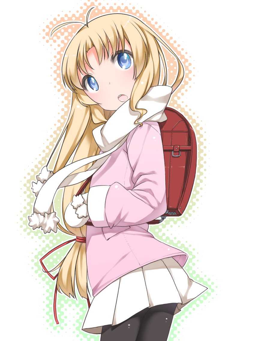 bag blonde_hair blue_eyes highres kashiwagi_hatsune kizuato long_hair mittens pantyhose randoseru scarf shouji_ayumu