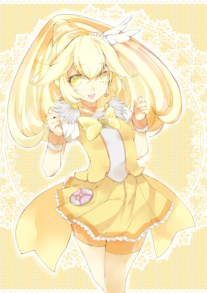 arms_up atoshi blonde_hair bow brooch cure_peace dress green_eyes hair_ornament highres jewelry kise_yayoi long_hair magical_girl open_mouth precure shorts_under_skirt smile smile_precure! solo wrist_cuffs yellow_dress