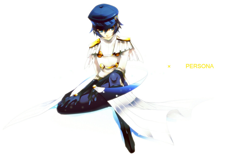 androgynous blue_eyes blue_hair boots cabbie_hat cosplay crossdressinging epaulettes female formal fusuma_(not_found) gloves hat highres looking_away pants persona persona_4 reverse_trap shirogane_naoto short_hair sitting smile solo sukuna_hikona sukuna_hikona_(cosplay) tomboy yamato_takeru_(persona) yamato_takeru_(persona)_(cosplay)