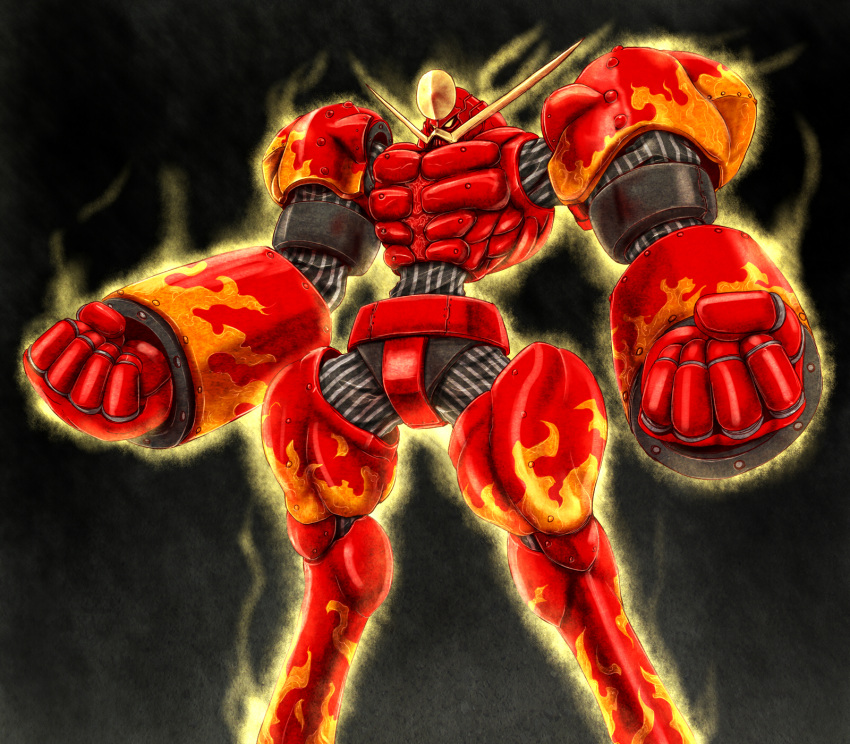 armor clenched_hands facial_hair fighting_stance fire fist gold highres ledjoker07 male manly muscle mustache persona persona_4 red rokuten_mao solo standing