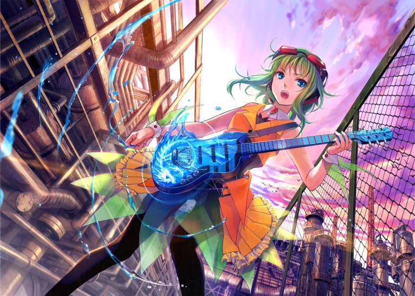 black_legwear blue_eyes chainlink_fence cityscape dutch_angle electric_guitar fence frills from_below fuji_choko goggles green_hair guitar guitar_pick gumi headphones headset instrument morning open_mouth pantyhose pipes plectrum ripples short_hair skirt sky solo vest vocaloid water wrist_cuffs