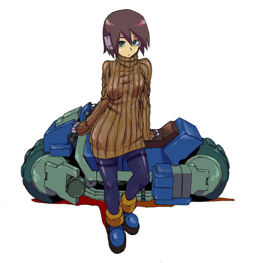 bodysuit boots bottomless breasts brown_hair gloves green_eyes highres koto_(coto) motor_vehicle motorcycle pantyhose ribbed_sweater robot_ears rockman rockman_zx short_hair sweater vehicle