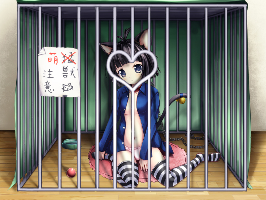 bdsm bell black_hair blue_eyes bondage cage cat_ears cat_tail chain chains collar elin_(tera) leash looking_at_viewer mizunoto_nozumi no_bra open_clothes open_shirt panties pink_panties short_hair sitting slave striped tail tail_bell tera_online thigh-highs thighhighs topless translated underwear wariza