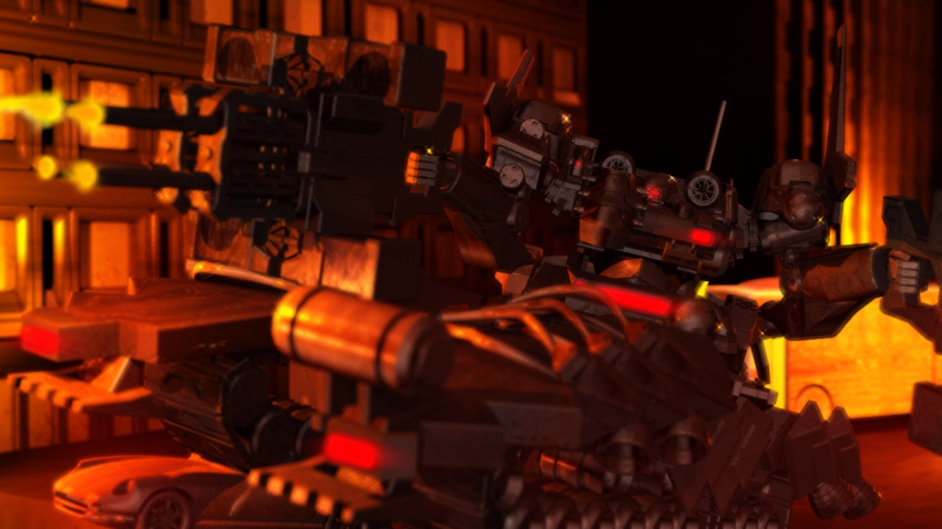 3d armored_core armored_core_5 building dual_wielding fire firing glowing glowing_eyes gotoms gun mecha military military_vehicle no_humans red_eyes robot tank vehicle weapon