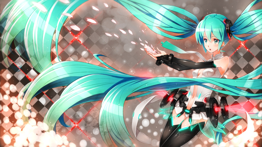 3000x1687 aqua_eyes aqua_hair belt breasts bridal_gauntlets center_opening elbow_gloves fingerless_gloves gabiran gloves hatsune_miku hatsune_miku_(append) highres long_hair miku_append navel necktie open_mouth panties solo thigh-highs thighhighs twintails underwear very_long_hair vocaloid vocaloid_append wallpaper