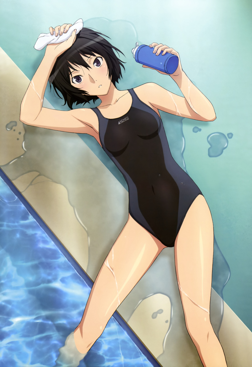 absurdres amagami black_eyes black_hair competition_swimsuit highres lying nanasaki_ai nyantype official_art one-piece_swimsuit pool solo swimsuit takayama_kisai water