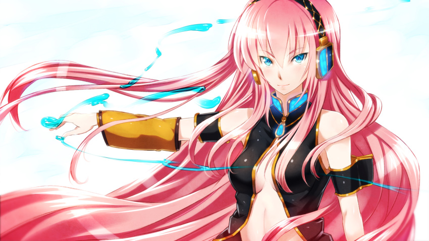 3000x1687 aqua_eyes arm_warmers armband blue_eyes breasts center_opening gabiran headphones highres long_hair looking_at_viewer megurine_luka pink_hair smile solo tsurime very_long_hair vocaloid wallpaper