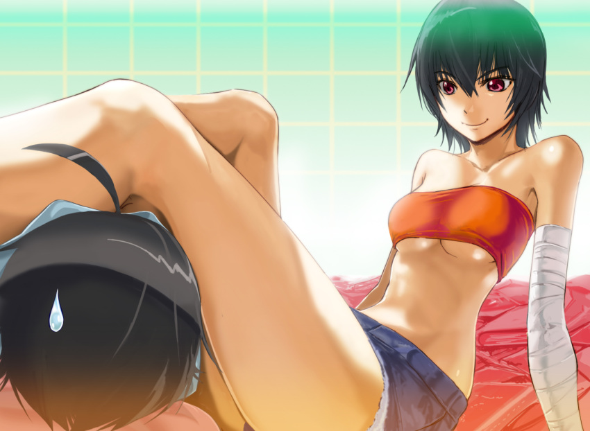 1girl ahoge araragi_koyomi bandage bandages bandeau bare_shoulders black_hair breasts denim denim_shorts headlock junshi_(junbox) kanbaru_suruga legs midriff monogatari_(series) nisemonogatari red_eyes short_hair short_shorts shorts sweatdrop tubetop under_boob underboob