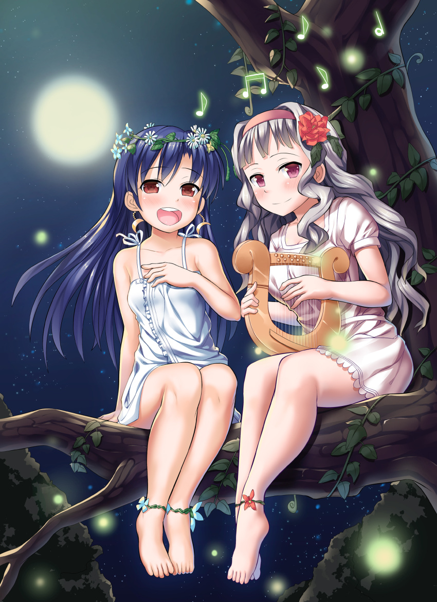 anklet bare_shoulders barefoot blue_hair blush brown_eyes dress earrings feet fireflies flower hair_flower hair_ornament hairband harp head_wreath highres idol idolmaster in_tree instrument jewelry kisaragi_chihaya lyra lyre moon multiple_girls musical_note night open_mouth outdoors pink_eyes purple_eyes purple_hair red_eyes shijou_takane silver_hair sitting sitting_in_tree sky smile star_(sky) starry_sky takasaka_donten tree violet_eyes wilver_hair