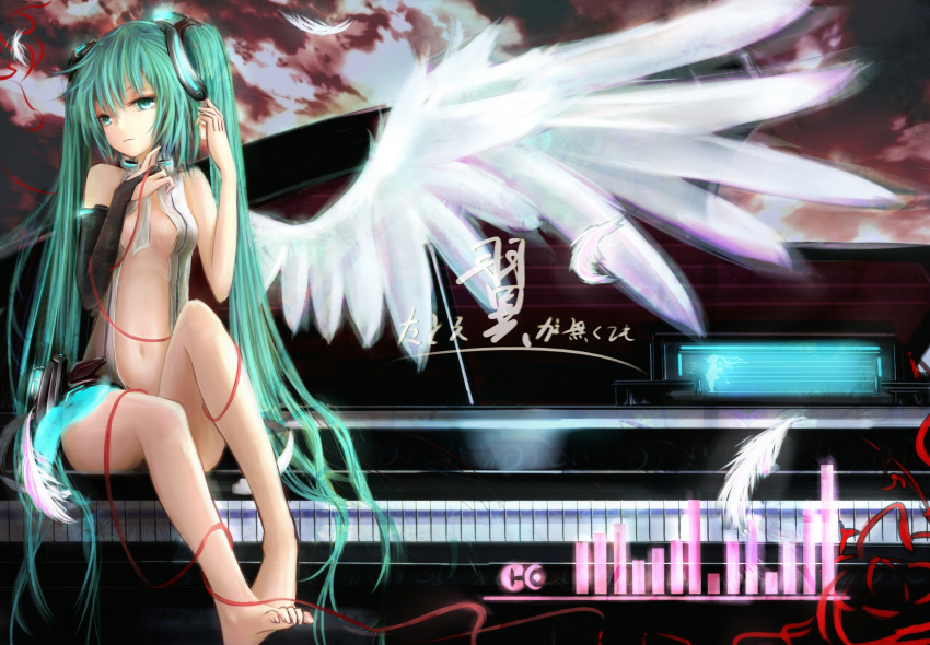 aqua_eyes aqua_hair barefoot beet bridal_gauntlets elbow_gloves feathers feet fingerless_gloves gloves hatsune_miku hatsune_miku_(append) hc highres instrument legs long_hair miku_append navel necktie piano single_glove single_wing sitting solo twintails very_long_hair vocaloid vocaloid_append wings