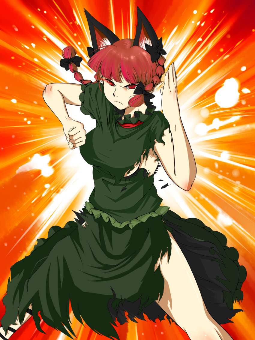 animal_ears bare_legs braid breasts cat_ears extra_ears fighting_stance highres kaenbyou_rin kasu-pan pointy_ears red_eyes red_hair redhead sideboob solo torn_clothes touhou twin_braids twintails