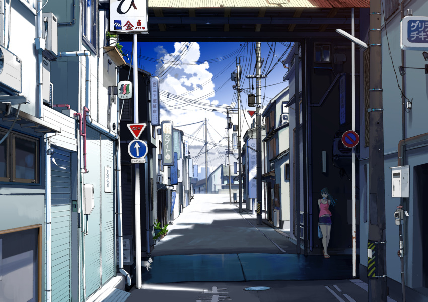 bag banner bell bell_collar black_hair building cat cloud collar drainpipe food_in_mouth highres kurono-kuro midriff original plant plastic_bag pole ponytail popsicle potted_plant power_lines road_sign sandals shorts sign sky solo street tank_top wind_chime