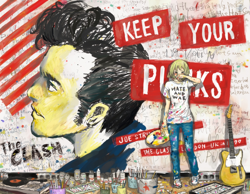 angry arakawa_(aintnoroom) bangs blonde_hair blush bucket collarbone covering covering_face electric_guitar english guitar instrument jeans joe_strummer lyrics original paint paint_stains paintbrush painting palette phonograph pompadour profile punk record shoes short_hair sideburns sneakers standing t-shirt tears the_clash turntable typo