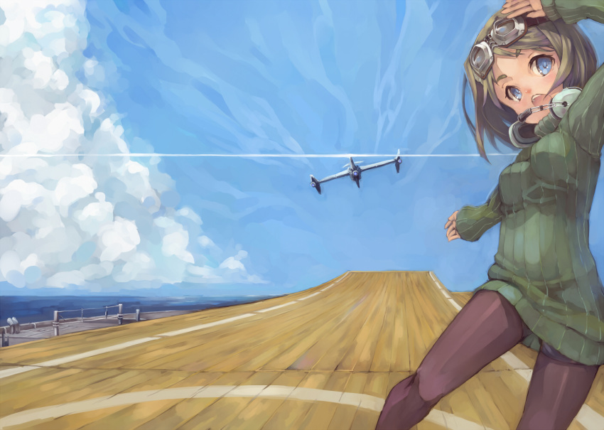 airplane black_eyes black_legwear brown_hair cloud clouds flight_deck goggles goggles_on_head headphones open_mouth original pantyhose plane red_eyes ribbed_sweater short_hair shorts sky solo stockings suzu_no sweater