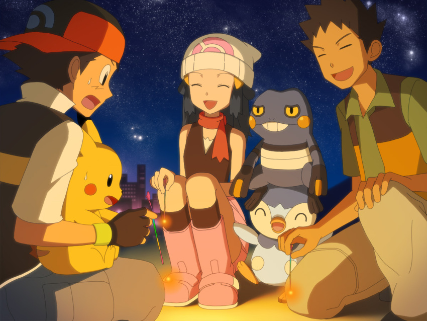 croagunk hikari_(pokemon) night pikachu piplup pokemon satoshi_(pokemon) tagme_(character) takeshi_(pokemon) tori_otoko