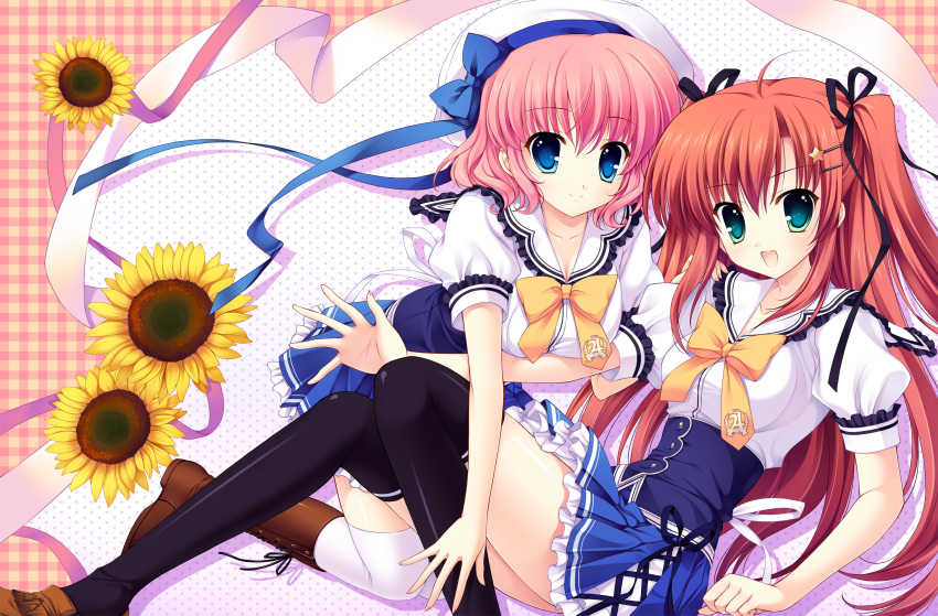 2girls himezono_risa mitha pink_hair red_hair redhead seifuku takasaki_honoka thigh-highs thighhighs yuyukana