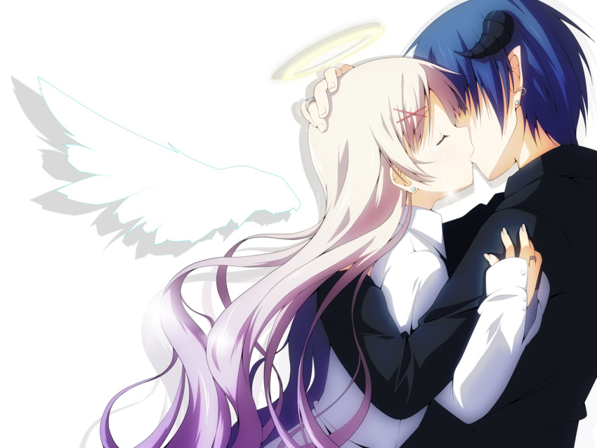 1girl angel angel_and_devil artist_request blue_hair closed_eyes earrings eyes_closed halo hand_on_head highres horns jewelry kiss long_hair original pointy_ears tears white_hair wings yuzuki_kei