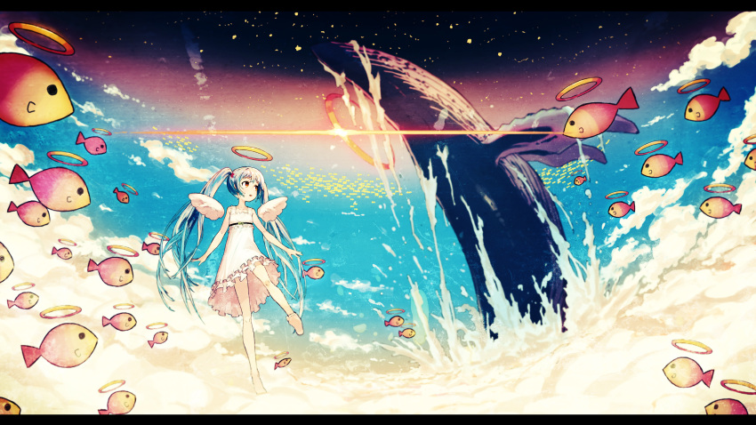 absurdres angel animal aqua_hair asgr bad_id barefoot clouds dress feet fish halo hatsune_miku highres letterboxed long_hair orange_eyes sky solo twintails very_long_hair vocaloid water whale wings