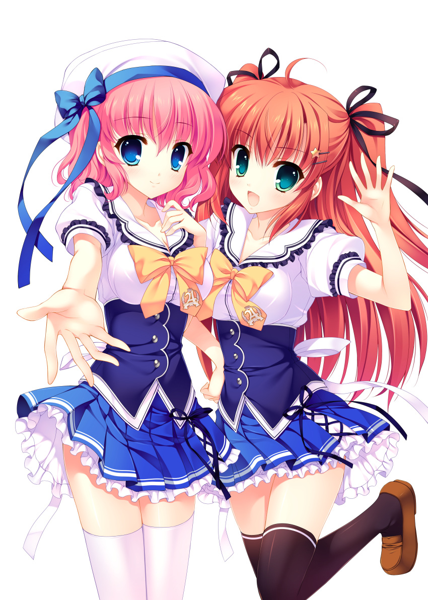 :d absurdres aqua_eyes black_legwear blue_eyes bow breasts cleavage hair_ornament hair_ribbon hairclip hat highres himezono_risa leg_lift loafers long_hair looking_at_viewer mitha multiple_girls open_mouth orange_hair outstretched_hand pink_hair ribbon school_uniform shoes short_hair simple_background smile standing_on_one_leg takasaki_honoka thigh-highs thighhighs twintails two_side_up waving white_background white_legwear yuyukana zettai_ryouiki