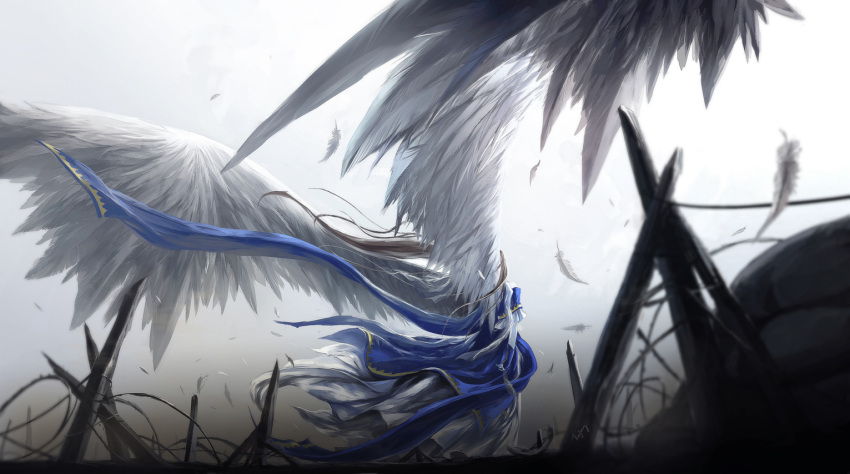 aa_megami-sama angel_wings belldandy blonde_hair blurry depth_of_field dress epic feathered_wings feathers from_behind kzcjimmy large_wings solo stake wind wind_lift wings wire