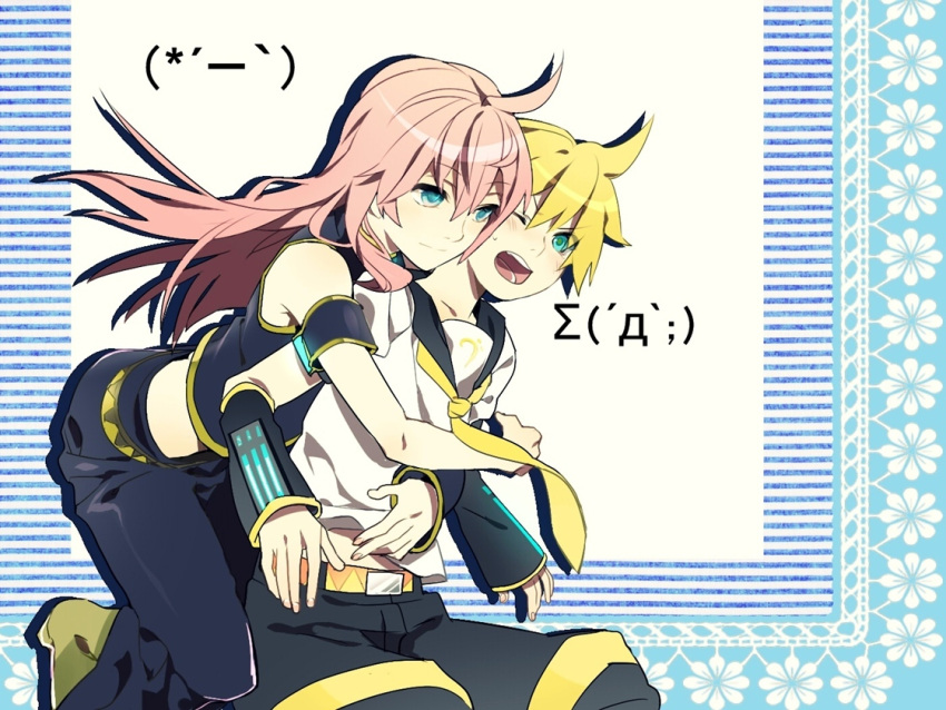 1girl age_difference aqua_eyes armband blonde_hair hug kagamine_len keishi long_hair megurine_luka necktie open_mouth pink_hair vocaloid wince