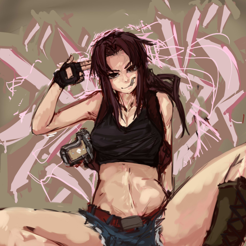 armpit_holster beretta_92 black_lagoon boots breasts brown_eyes brown_hair cigarette cleavage colored crop_top crouching denim denim_shorts dutch_angle finger_gun from_below gun handgun highres holster long_hair midriff pan!ies perspective pistol pointing pointing_at_self ponytail revy short_shorts shorts spread_legs squatting tank_top weapon