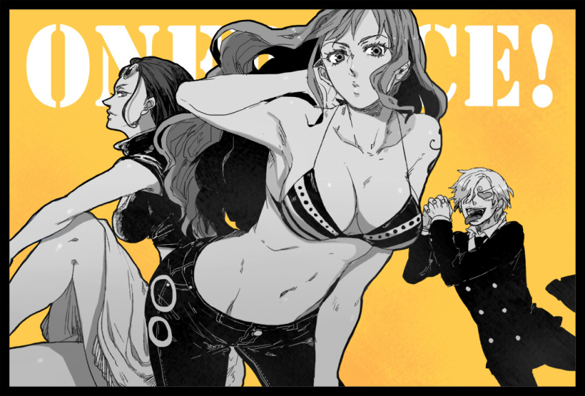 1girl 2girls bikini_top breasts cleavage formal glasses hair_over_one_eye heart hips large_breasts legs long_hair looking_at_viewer monochrome multiple_girls nami navel necktie nico_robin o3o one_piece open_mouth orange_background pants sanji short_hair sideboob sitting skirt smile standing suit sunglasses tattoo title_drop tongue xla009