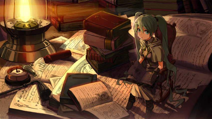 :o aqua_eyes aqua_hair blue_eyes book boots candle candle_wick capelet chair fujita_(condor) gloves green_hair hair_ornament hatsune_miku kerosene_lamp lamp long_hair minigirl open_book reading ribbon shadow sitting solo stack_of_books table twintails very_long_hair vocaloid wax