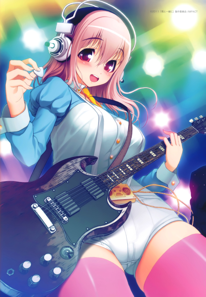 1girl absurdres blush breasts electric_guitar guitar headphones highres instrument large_breasts long_hair nitroplus open_mouth pink_hair short_shorts shorts smile solo sonico super_sonico thighhighs tsuji_santa