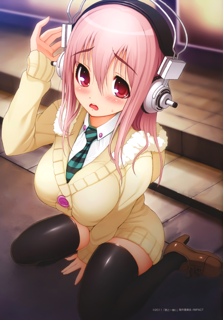 absurdres blush breasts headphones highres large_breasts long_hair looking_at_viewer necktie nitroplus open_mouth pink_hair red_eyes sitting solo sonico super_sonico sweater tsuji_santa