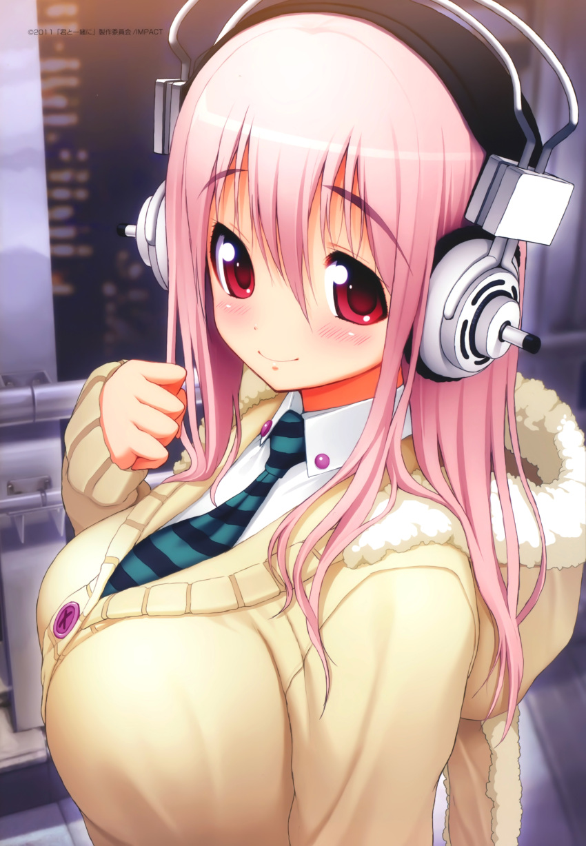 1girl absurdres blush breasts bust cardigan closed_mouth eyebrows_visible_through_hair female hair_between_eyes headphones highres large_breasts long_hair looking_at_viewer necktie nitroplus pink_hair red_eyes smile solo sonico super_sonico sweater tsuji_santa