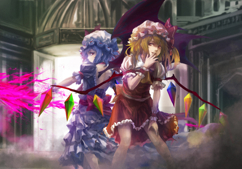 arm_up ascot backless_outfit bat_wings blonde_hair blue_hair bow dress flandre_scarlet hand_to_mouth hat hat_ribbon highres leaning_forward looking_at_viewer multiple_girls open_door polearm red_eyes remilia_scarlet ribbon shirt short_hair siblings side_ponytail sisters skirt skirt_set smile spear spear_the_gungnir takakyo touhou weapon wings wrist_cuffs
