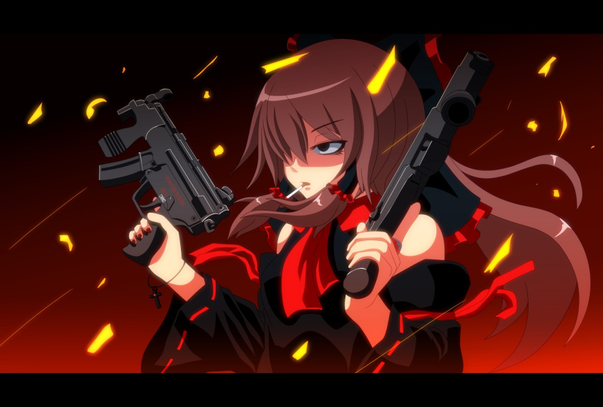 alternate_color anime_coloring armpits ascot black_dress bow bracelet brown_eyes brown_hair cigarette cross detached_sleeves dress dual_wielding empty_eyes gun h&amp;k_mp5k hair_bow hair_tubes hakurei_reimu jewelry letterboxed long_hair miko one-eyed ring shaded_face solo submachine_gun tomon_(slash0410) touhou weapon