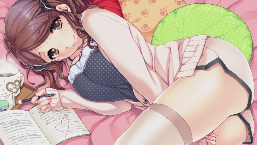 1girl amagami bed between_legs book breast_squeeze breasts brown_eyes brown_hair cleavage coffee hair_ribbon hand_between_legs heart large_breasts looking_at_viewer lying nakata_sae on_bed on_side open_book pastry pen pillow ribbon smile solo sumeragi_kohaku sweater thighhighs thighs twintails white_legwear