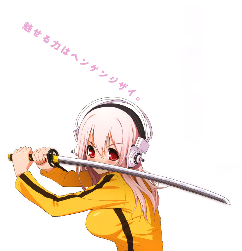 absurdres blush breasts bruce_lee's_jumpsuit bruce_lee's_jumpsuit bust cosplay headphones highres katana kill_bill large_breasts long_hair looking_at_viewer nail_polish nitroplus parody pink_eyes pink_hair red_eyes simple_background smile solo sonico super_sonico sword translation_request tsuji_santa weapon white_background