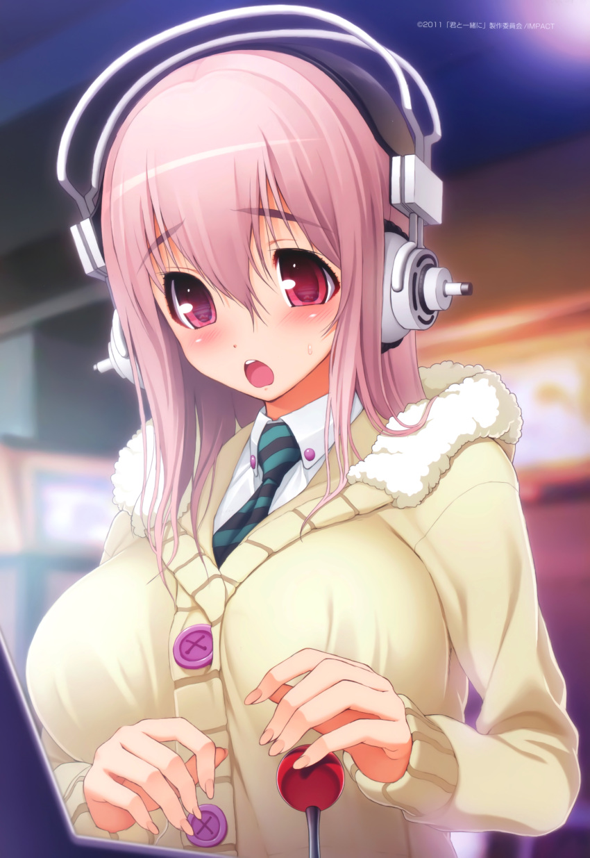 absurdres arcade_cabinet breasts headphones highres large_breasts long_hair nitroplus open_mouth pink_hair playing_games red_eyes solo sonico super_sonico sweater tsuji_santa