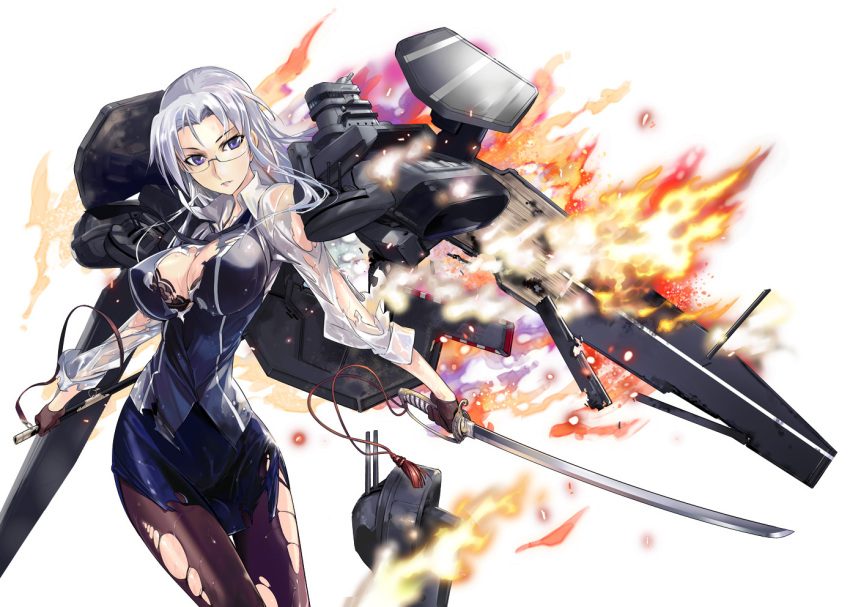 1girl battleship_girl bra breasts cleavage copyright_request fire glasses grey_hair katana lace-trimmed_bra large_breasts pantyhose purple_eyes sheath sword torn_clothes torn_pantyhose underwear weapon white white_hair ww2 zeco