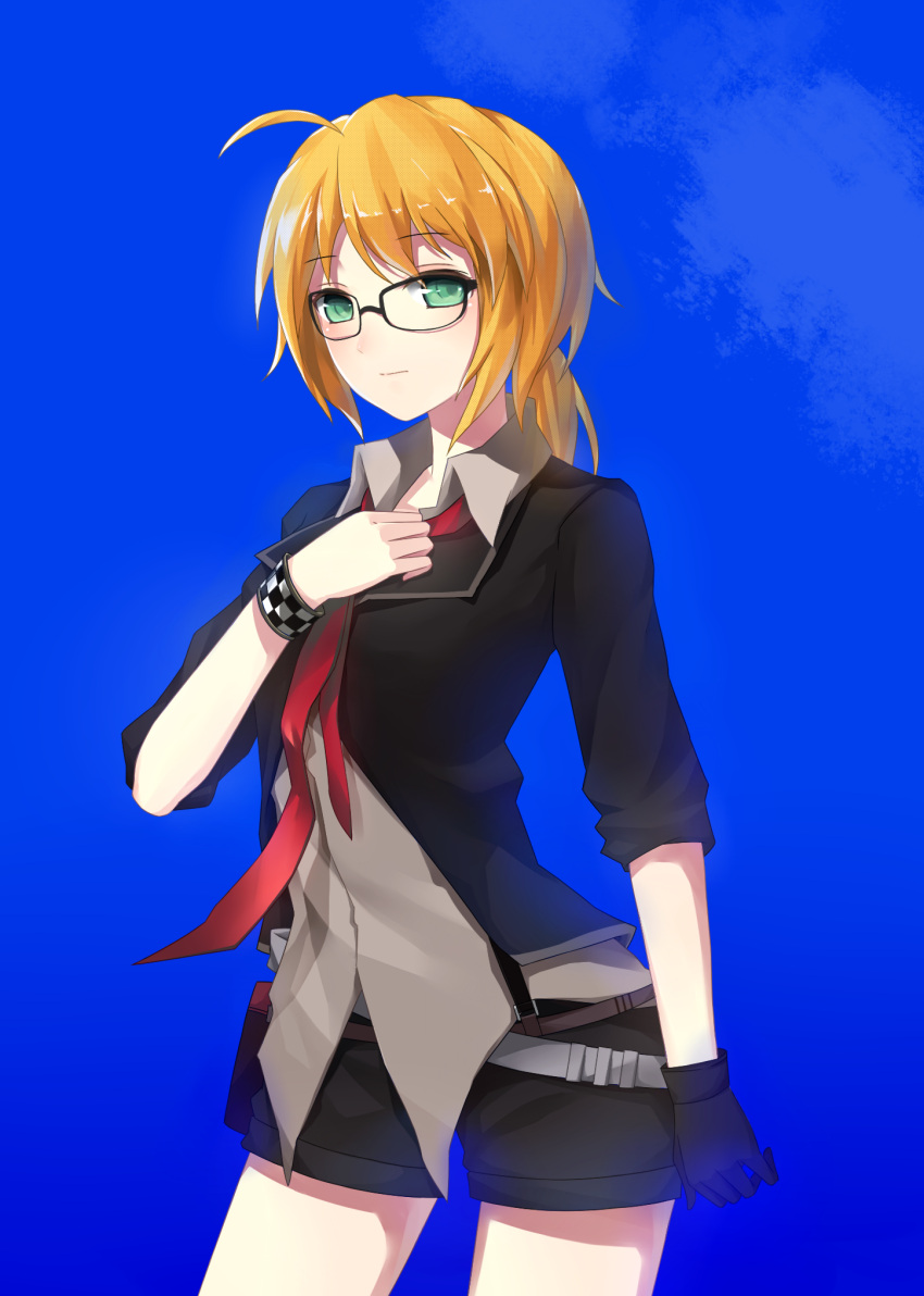 belt bespectacled bracelet fate/zero fate_(series) glasses green_eyes highres jewelry lightofheaven necktie ponytail saber shorts single_glove solo